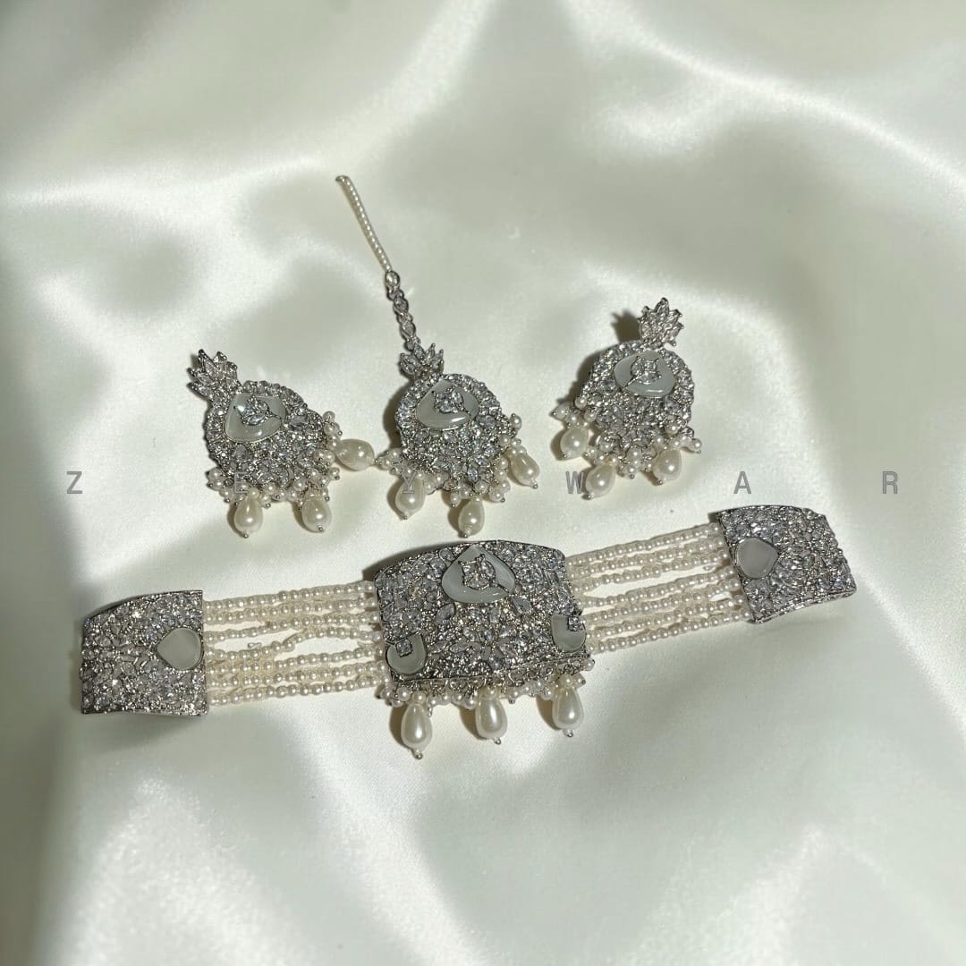 Premium Zircon Egyptian Choker Set - Silver