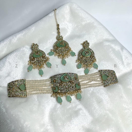 Premium Zircon Egyptian Choker Set - Light Green