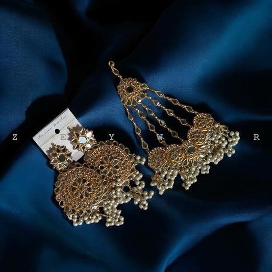 Golden Kundan Earring & Jhumar Set