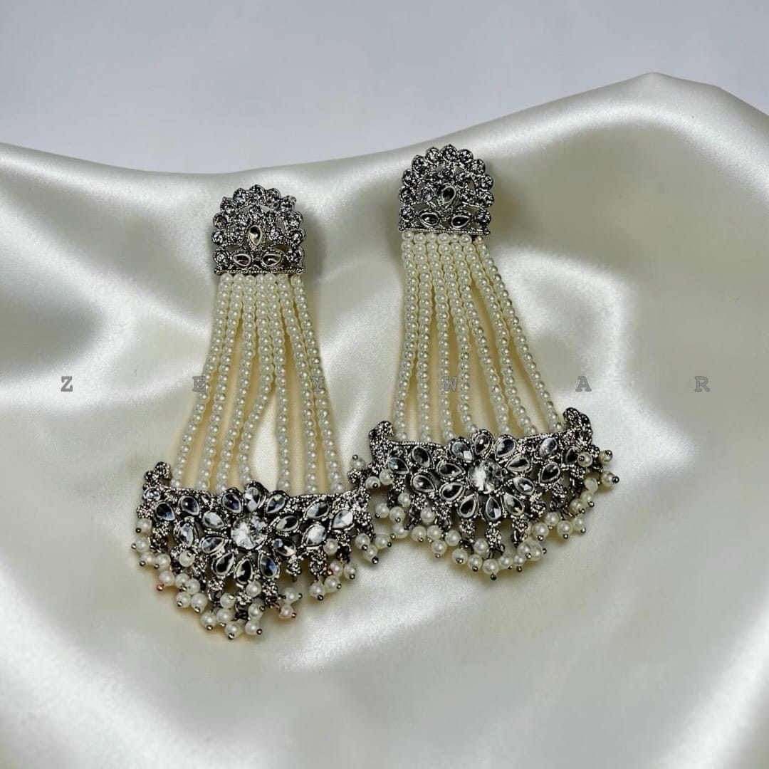 Silver Pearl Tassel Chandelier Earrings