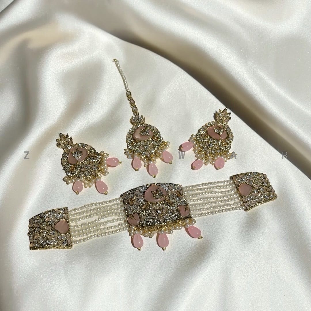 Premium Zircon Egyptian Choker Set - Golden pink