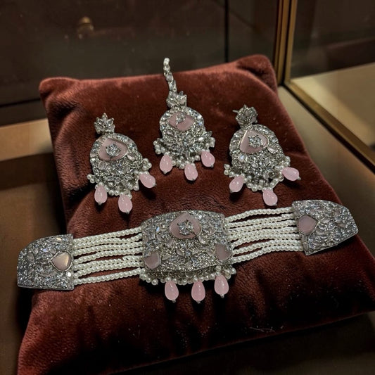 Premium Zircon Egyptian Choker Set - Silver Pink